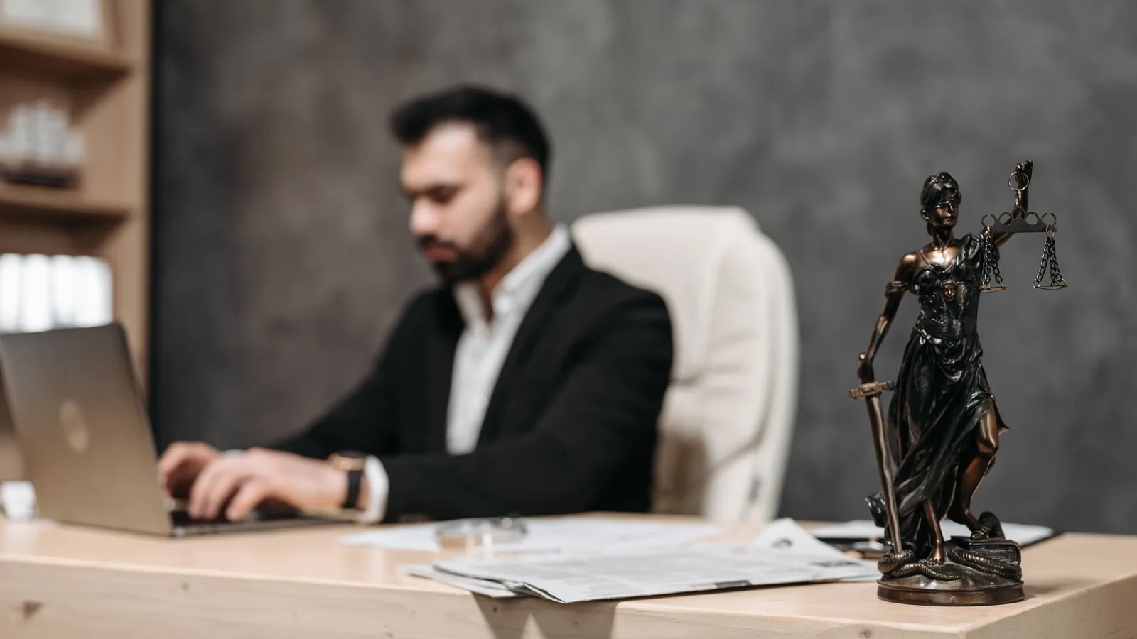 Lawyer working at a desk with a justice statue and legal papers