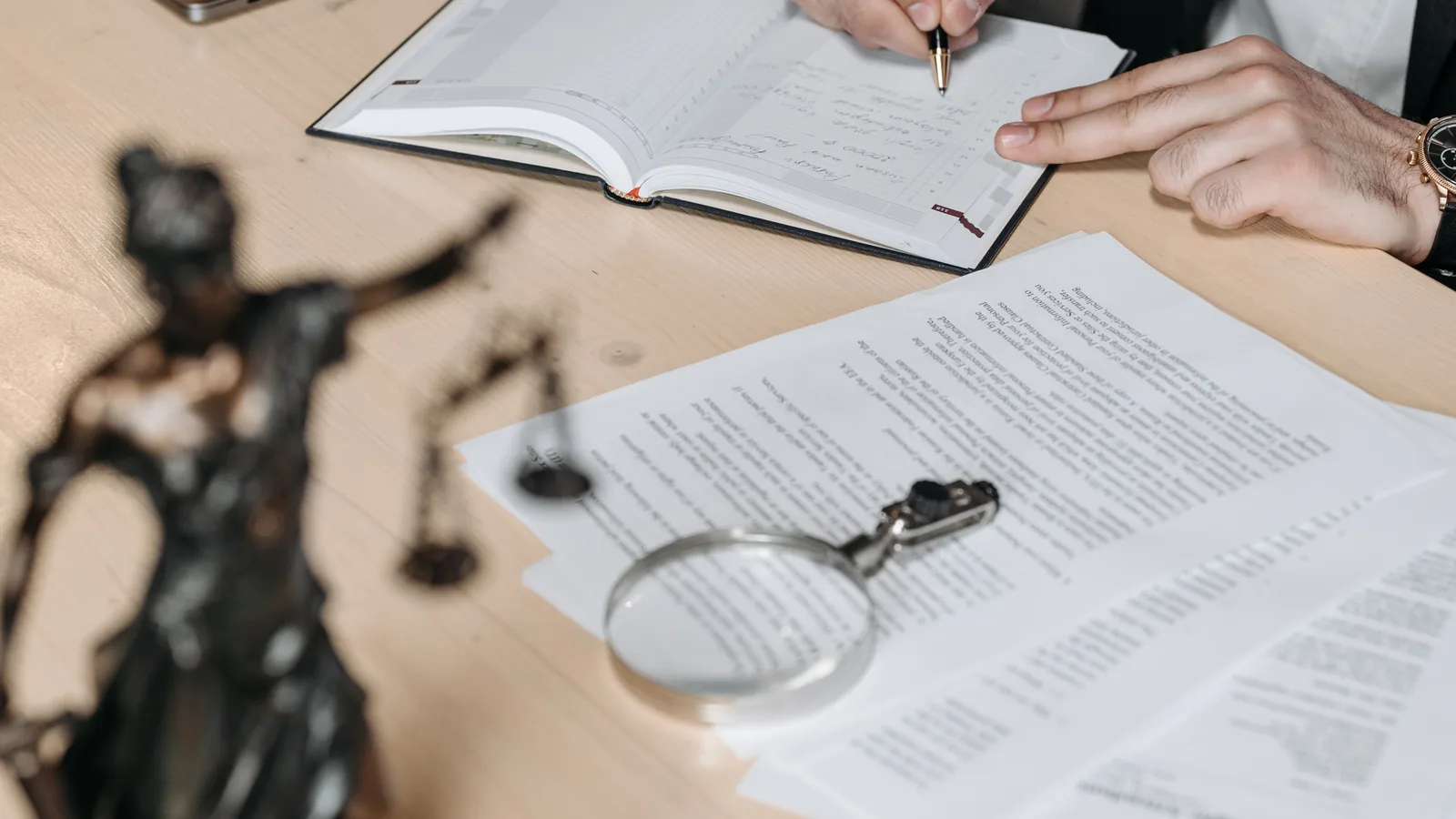 Lawyer researching legal documents with a magnifying glass nearby
