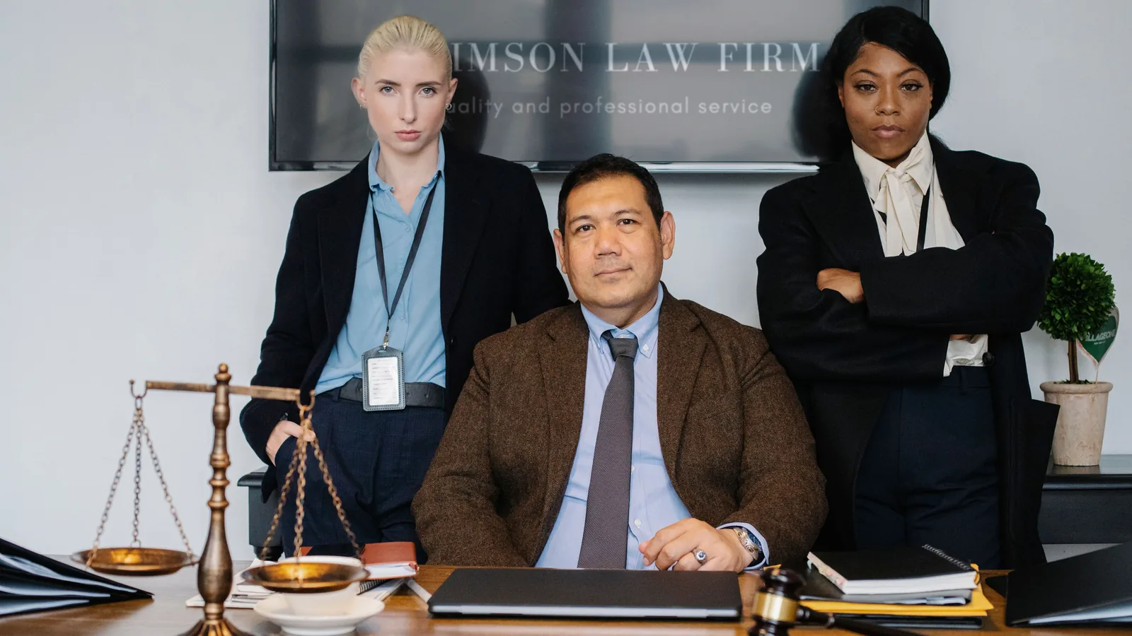Legal team seated in a professional office with case documents