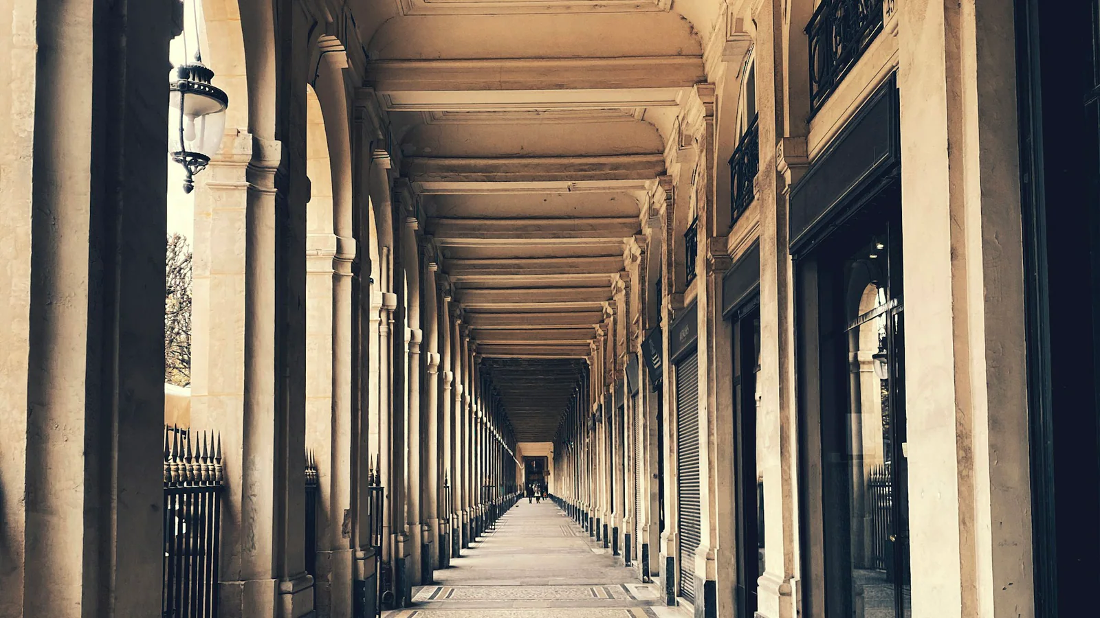 Empty colonnaded corridor in a public building