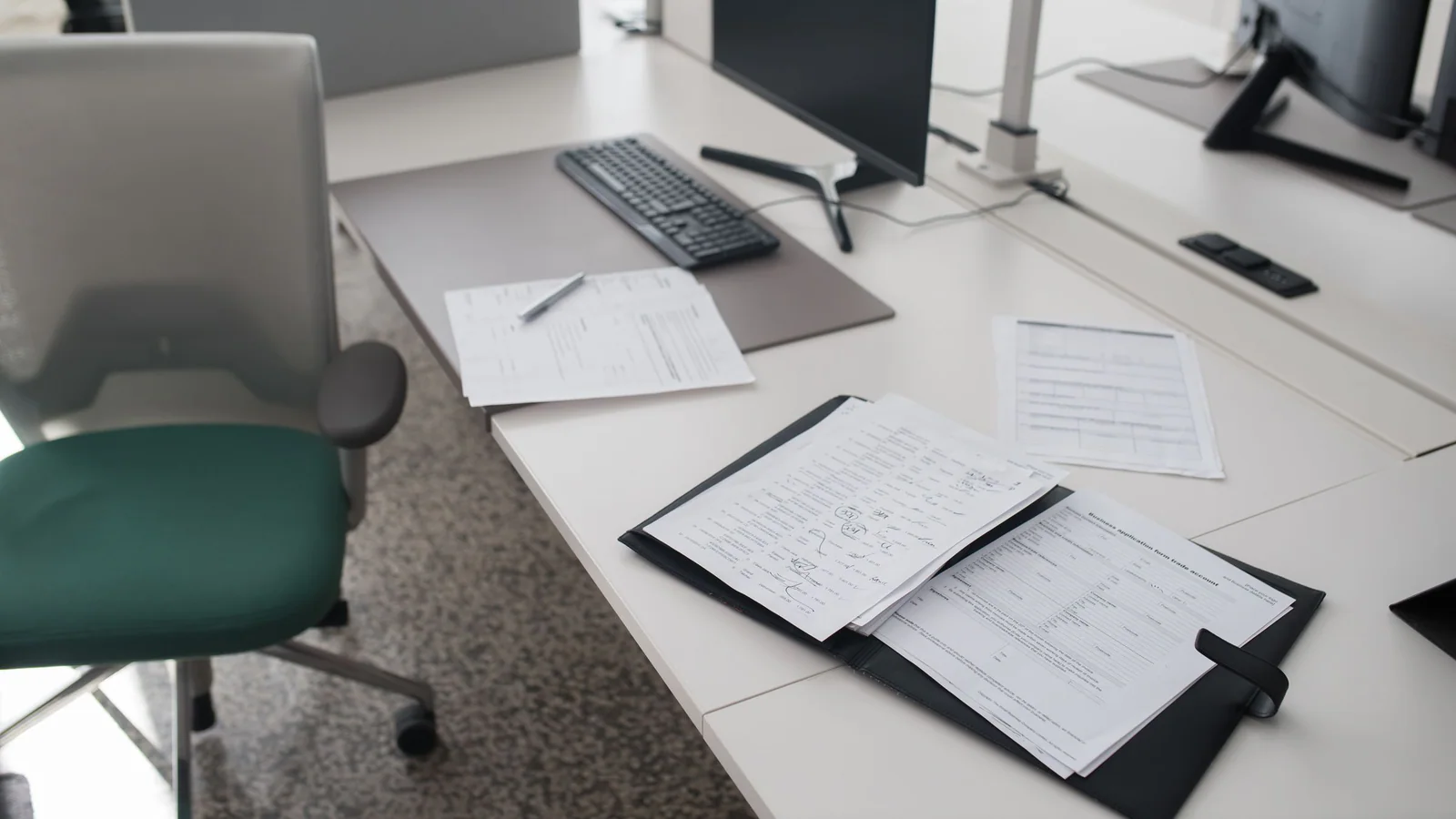 Vacant office desk with inactive monitors and generic papers on a black folder