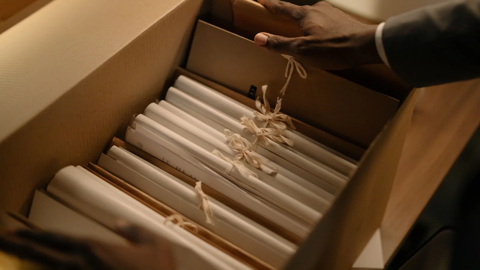 Person handling organised paper files in an archive box