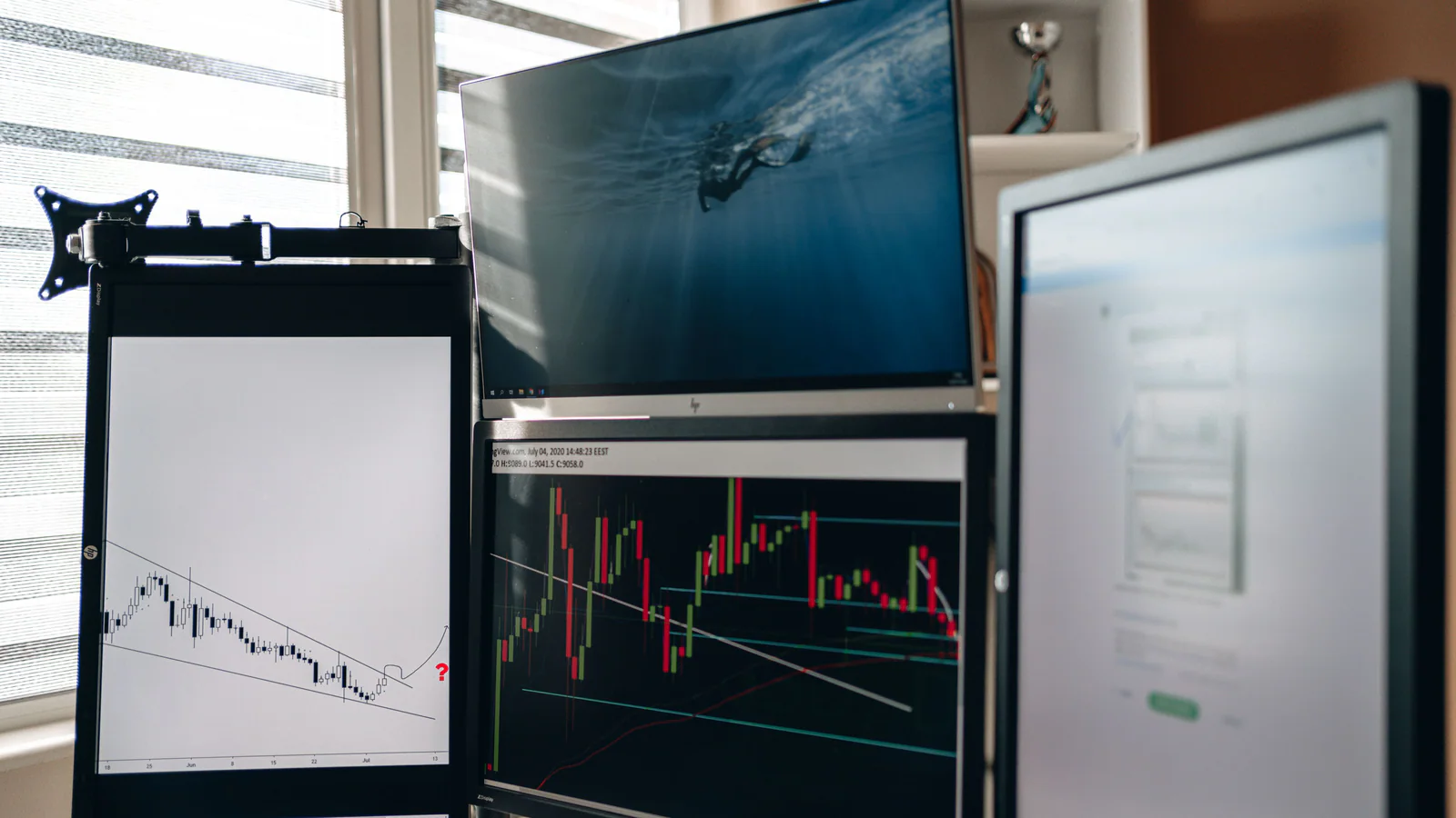 Multiple monitors displaying generic financial market charts